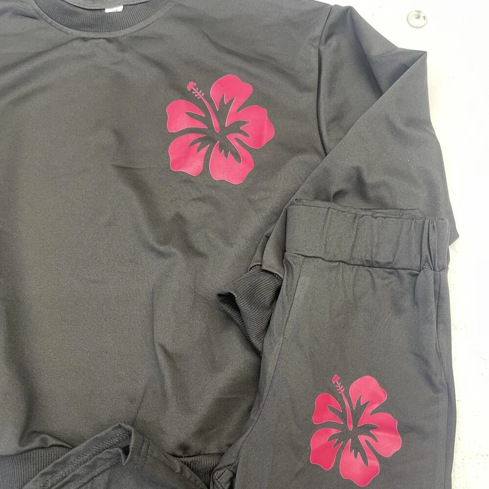 Hibiscus Flower Sweatshirt Pants Set Outfit Youth 10Y Black Pink Loungewear